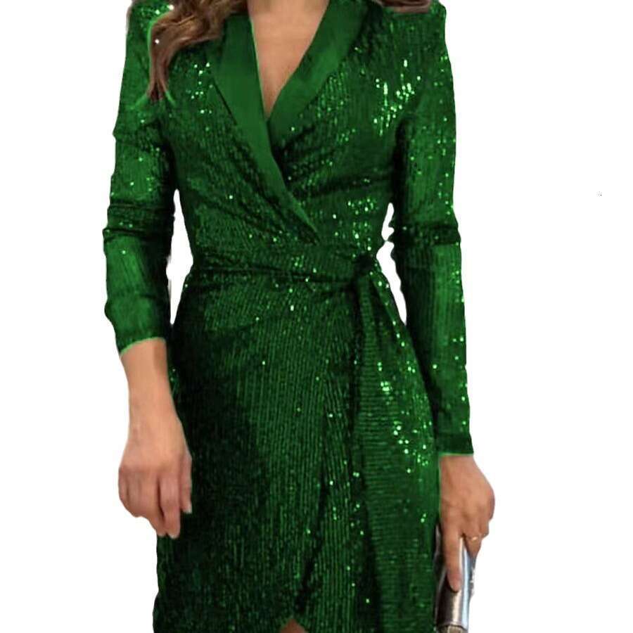 New Women's Fashion Sexy Waist-Cinching Multicolor Sequin Blazer Collar Tie Dress B5