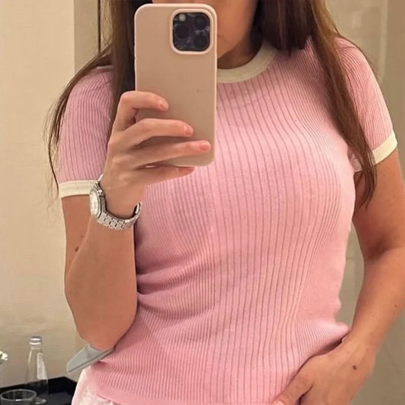 Summer Women's Color Block Fitted Knit Top Fashion Round Neck Jacquard Pure Cotton Short Sleeve Pink/Grey Designer Classic Retro Luxury Clothing