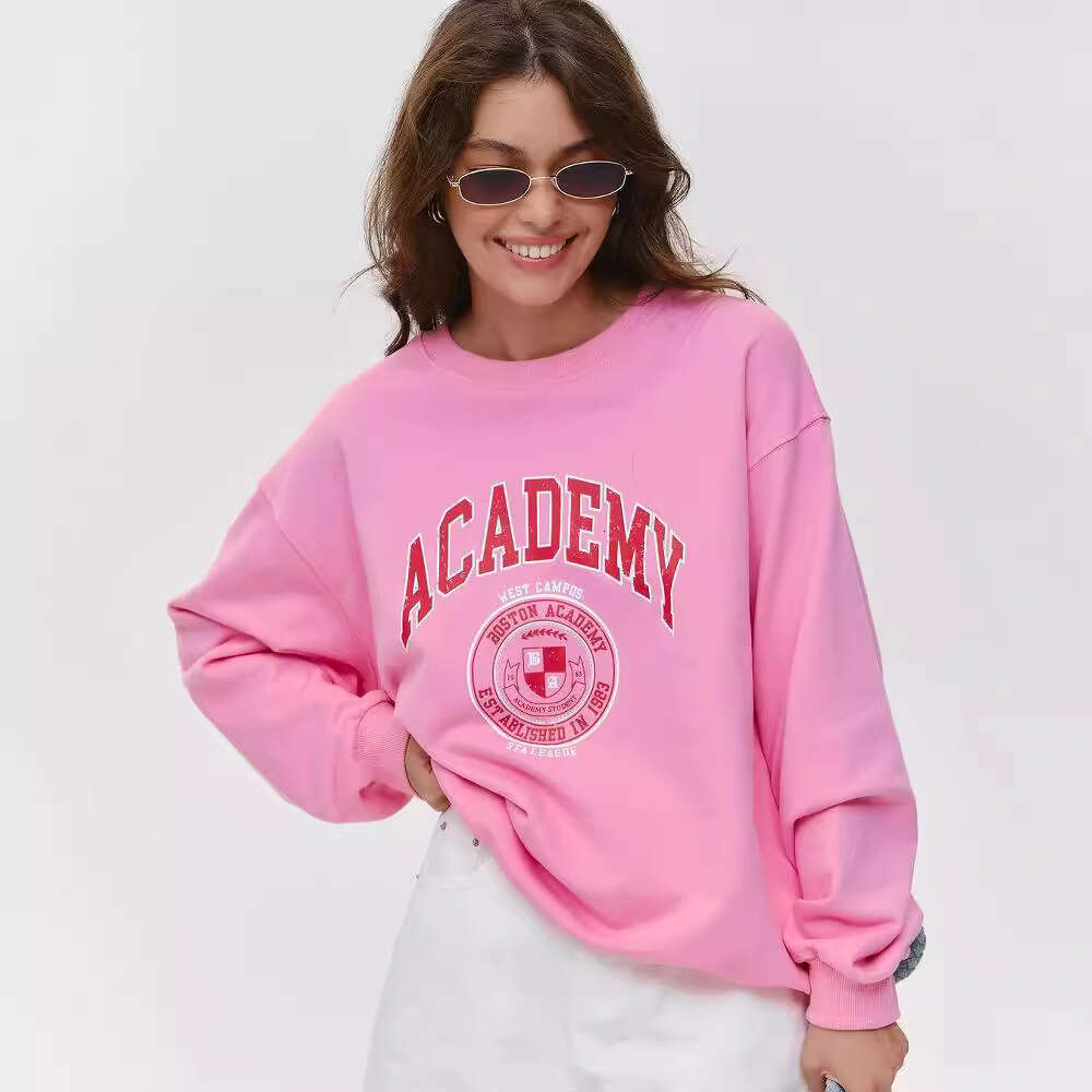 American West Coast Letter Print Crewneck Pullover Sweatshirt Trendy Dopamine Color Gradient Draped Long Sleeve Top For Women B5