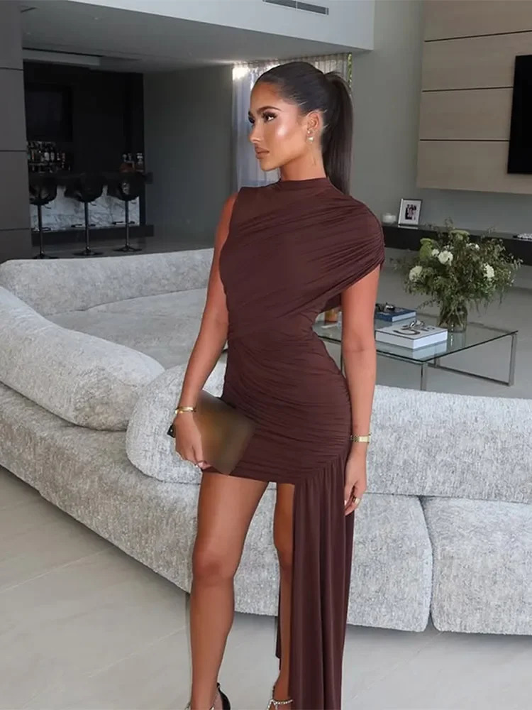 Brown Lace Up Pleated Mini Dress Elegant Round Neck High Waist Sleeveless Slim Fit Short Dresses Lady Summer Evening Party Robes 250603 - view 4