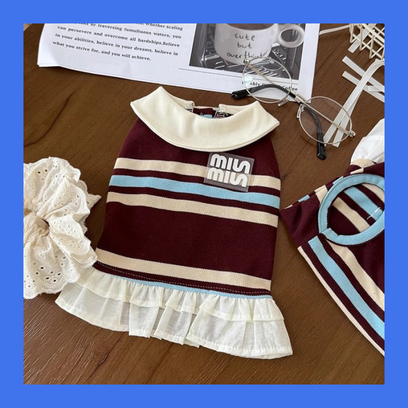 Dog Polo Collar Stripe Dress Summer Cat Outfits Soft Breathable Cotton Dogs Apparel Clothes for Small Medium Girls Puppy Lightweight Pet Dresses M D77