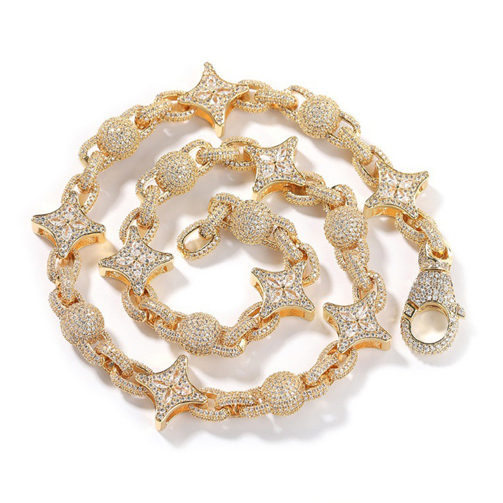 Hip Hop Four-pointed Star Flower Beads Infinite Cuban Chain Necklace 5A Zircons Mens Choker Jewelry