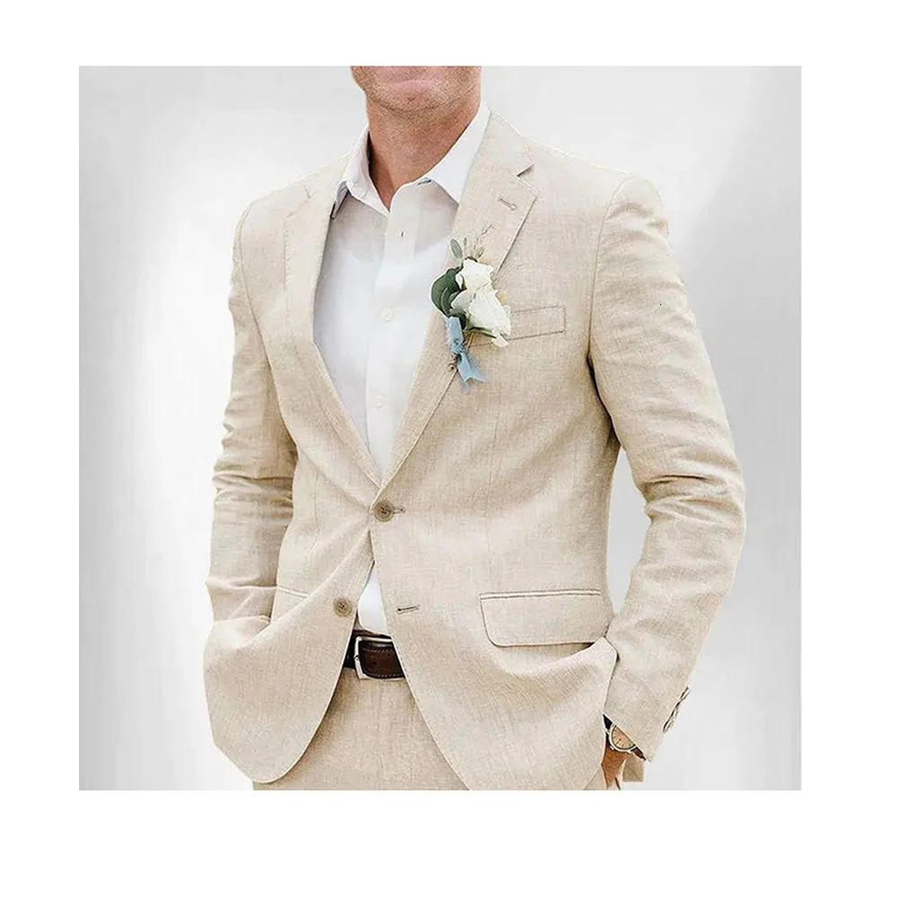 Wedding Suit for Men 2 Piece Jacket Pants Elegant Beige Linen Groom Set Slim Fit Smart Formal Business Mens Clothing 250604Z