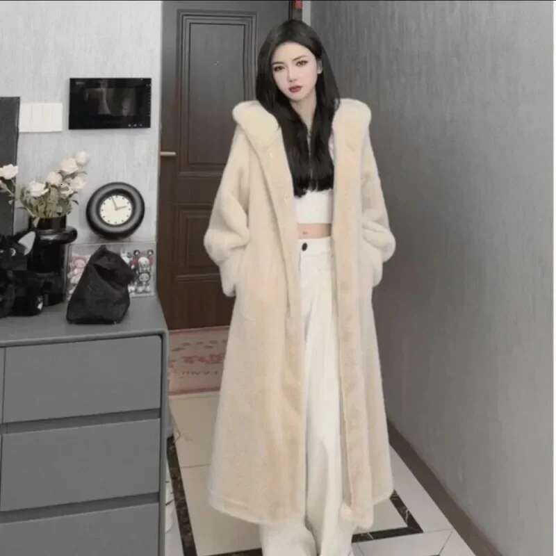 Hooded Medium Long New Mink Jacket National StyleThickened with Hat Fluff Autumn Winter Anti-season Clearance