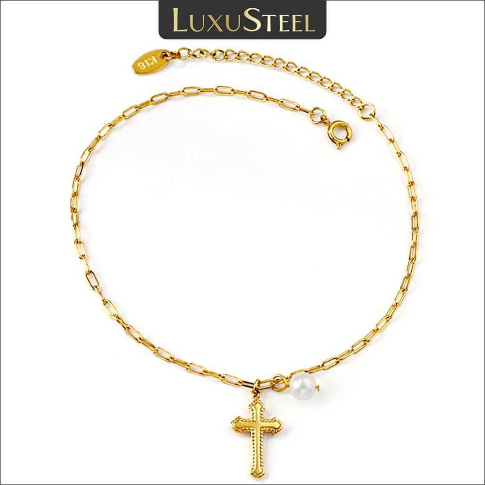 LUXUSTEEL New Cross Pearl Charm Anklets for Women Summer Beach Accessories Stainless Steel Waterproof Golden Color Leg Bracelets W250604