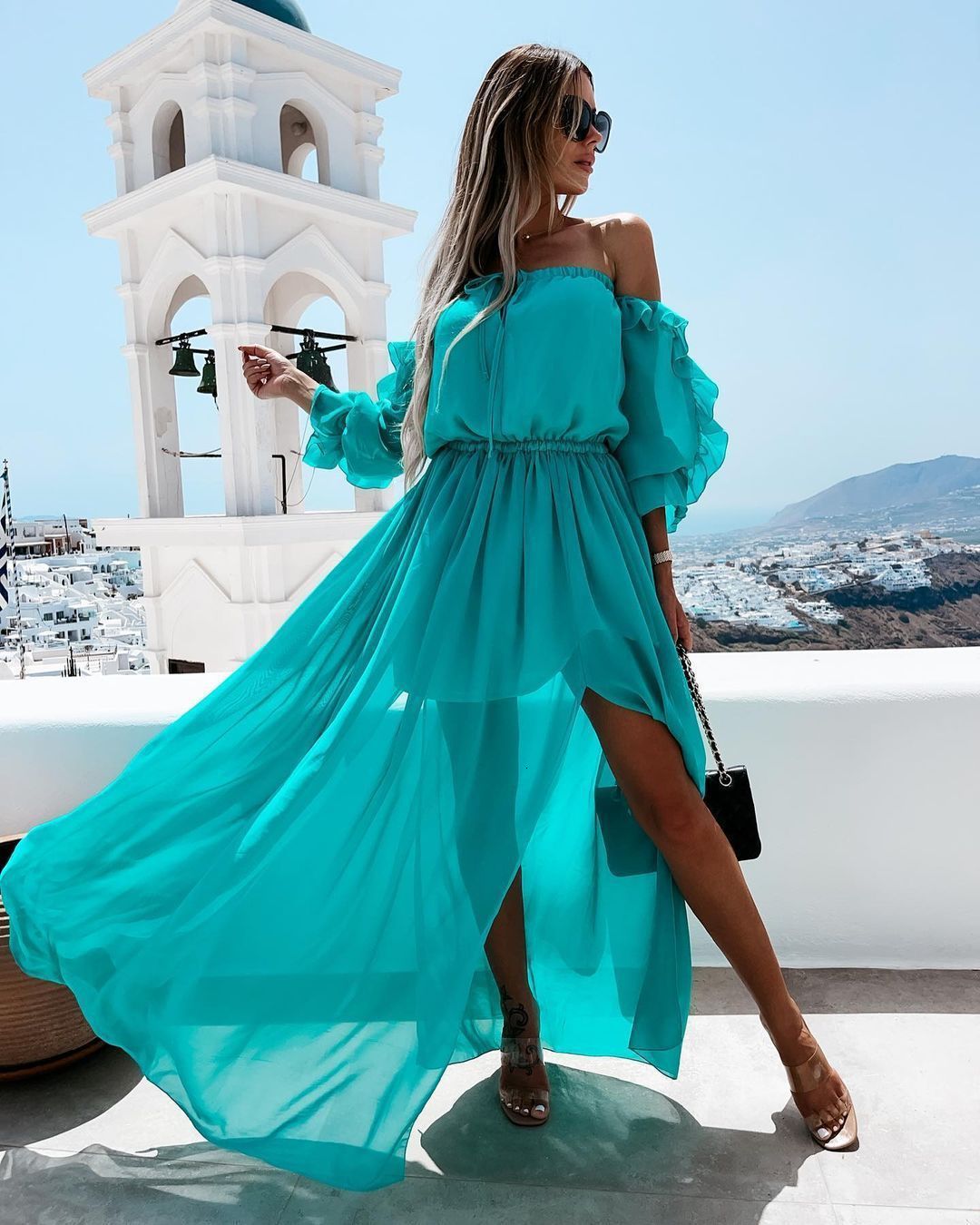 Summer Elegant Solid Ruffled Maxi Dress Women Chic Off Shoulder High Waist Beach Robe Vacation Lady Evening Party Vestidos 240715