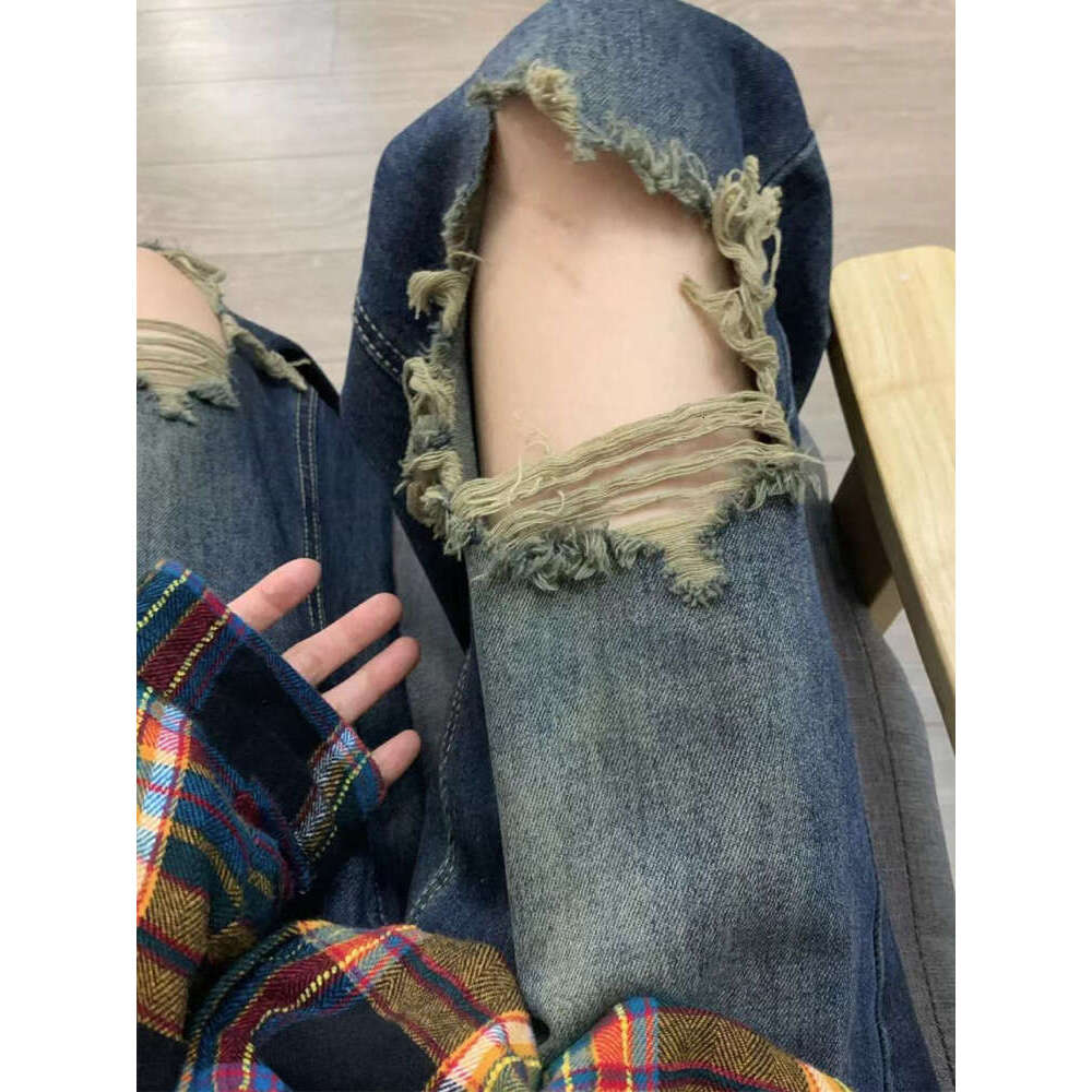 American Style Ripped Straight Leg Jeans For Women, Summer Thin Plus Size, High Waist, Loose Fit, Slimming, Wide Leg, Floor-Length Pants B5