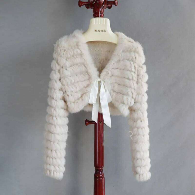 2023 Autumn Real Rabbit Knitted Long Sleeve V-neck Casuall Genuine Fur Outwear Open Matching Dresses Fall Coat