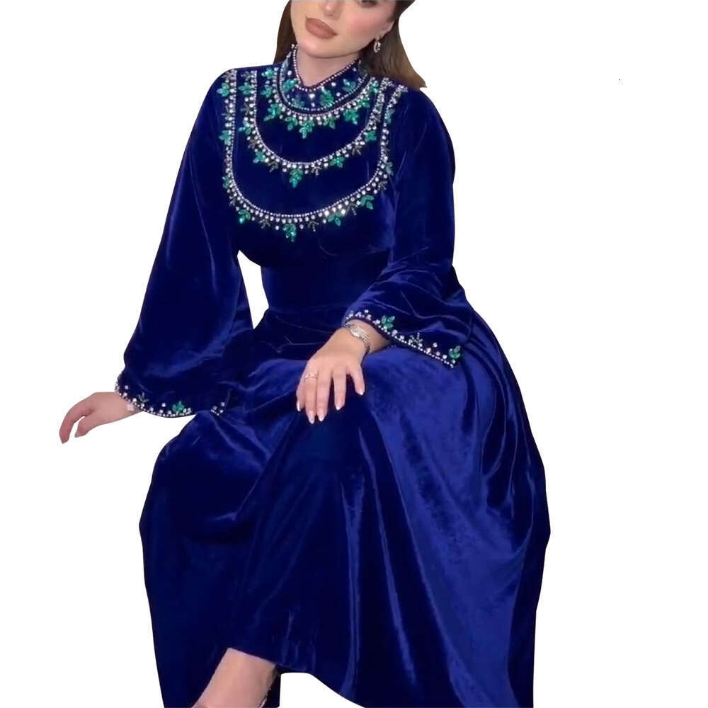 Because 0249 Saudi Arabia Abaya Robe Velvet Zipper Green Water Drop Rhinestone Dress B5