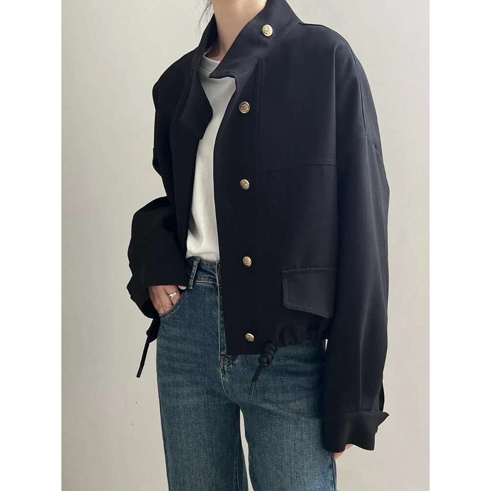 FSMG Women's Casual Jacket,Autumn Korean Style Stand Collar, Comfortable Loose Fit Solid Color, Short Jacket with Drawstring Hem