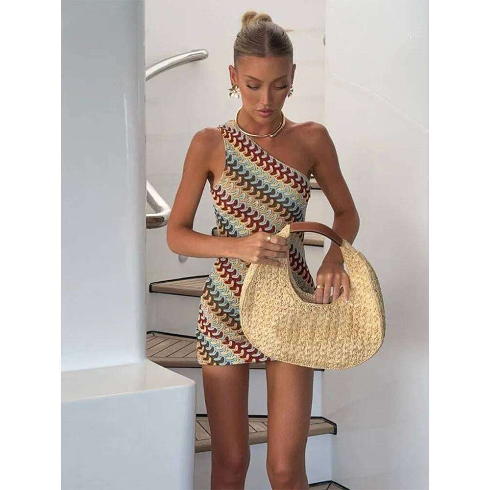 Irregular Printed Knitted Mini Dress For Women Chic Backless Slanted Shoulder Slim Fit Dresses 2025 Summer Holiday Beach Robes