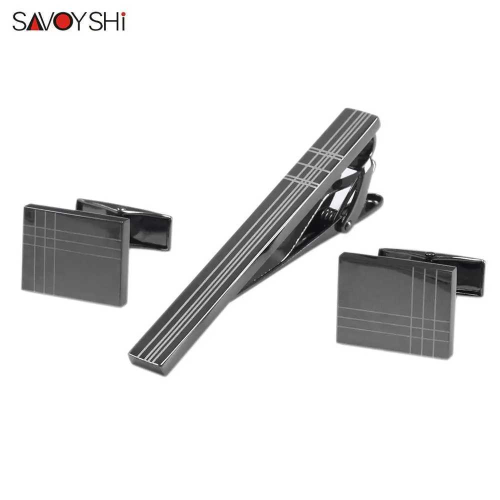 SAVOYSHI Classic Square Black Laser Stripe Business Mens Cufflinks Tie Clips Set High Quality Necktie Pin Tie Bars Clip Clasp W250604