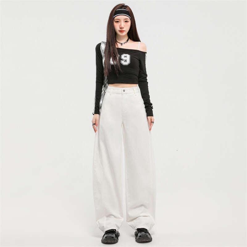 Apricot Curved Knife Wide-Leg Jeans For Women Spring Summer New High-Waist Slimming American Style Lazy Drape Banana Pants B5