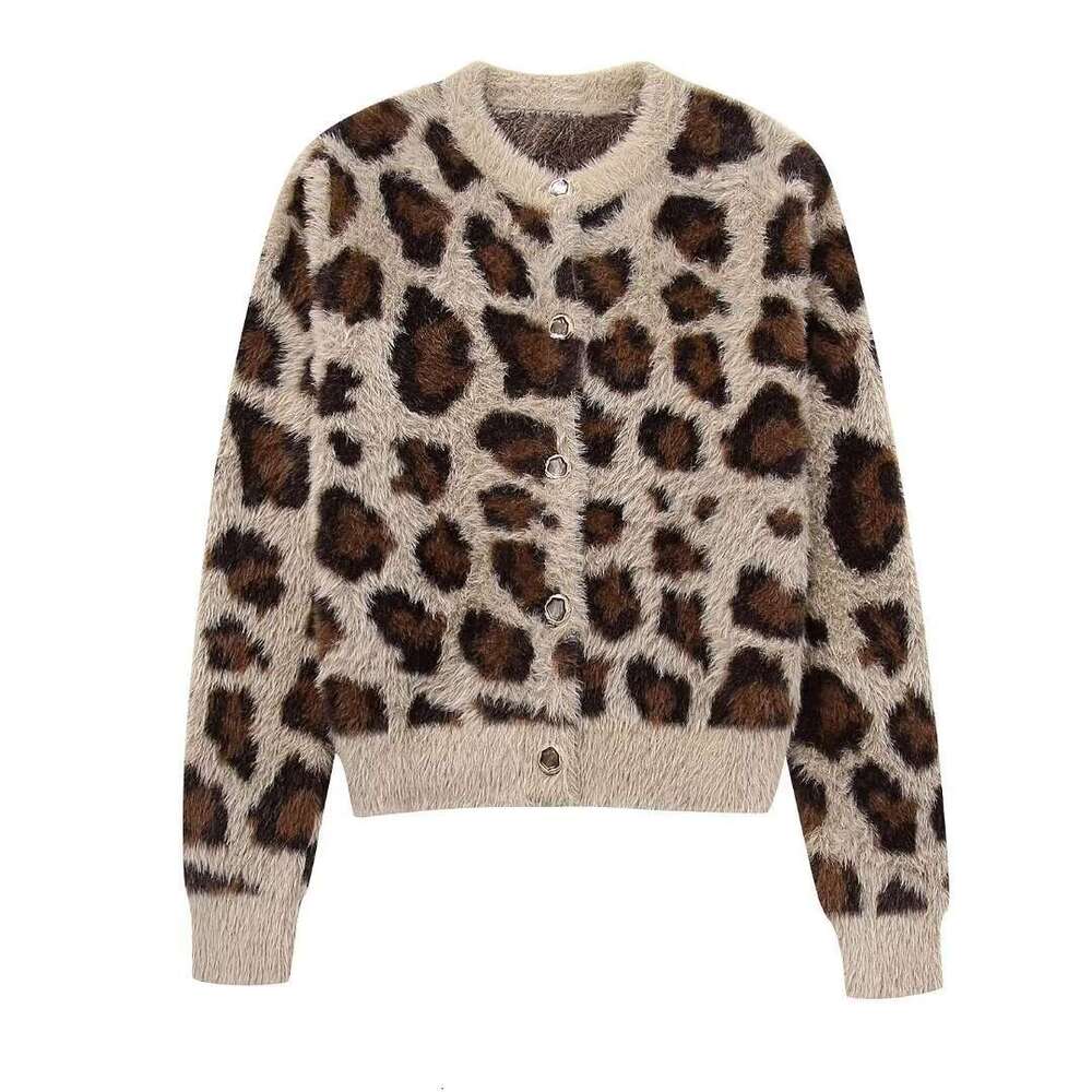 Women's Fashion Autumn Winter New Animal Print Jacquard Sweater Faux Fur Knit Cardigan Coat B5