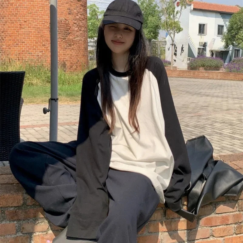Casual Oversized T Shirt Y2k Tops Harajuku Long Sleeve O-Neck T-Shirts Spring Autumn Black White Patchwork Tees Women Streetwear 250603