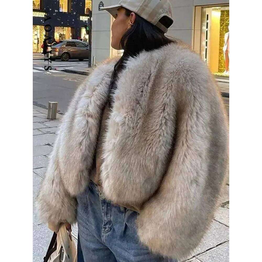Aoaiiys Faux Fur Jacket Women Autumn Winter Cropped Elegant O-Neck Long Sleeve Soft Shaggy Coats Thicken Warm Outerwear