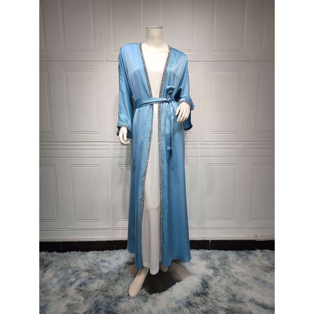 Mq058modest Rhinestone Long Dress Modern Fashion Satin Soft Outer Waist-Cinching Robe White Inner Abaya B5