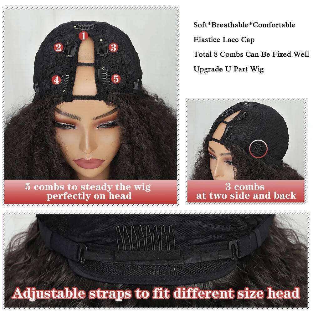 Wig Female Black Fluffy U-shaped Yaki Screw Roll Long Roll Hair Clip Hair Half Head Cover U Part Wig