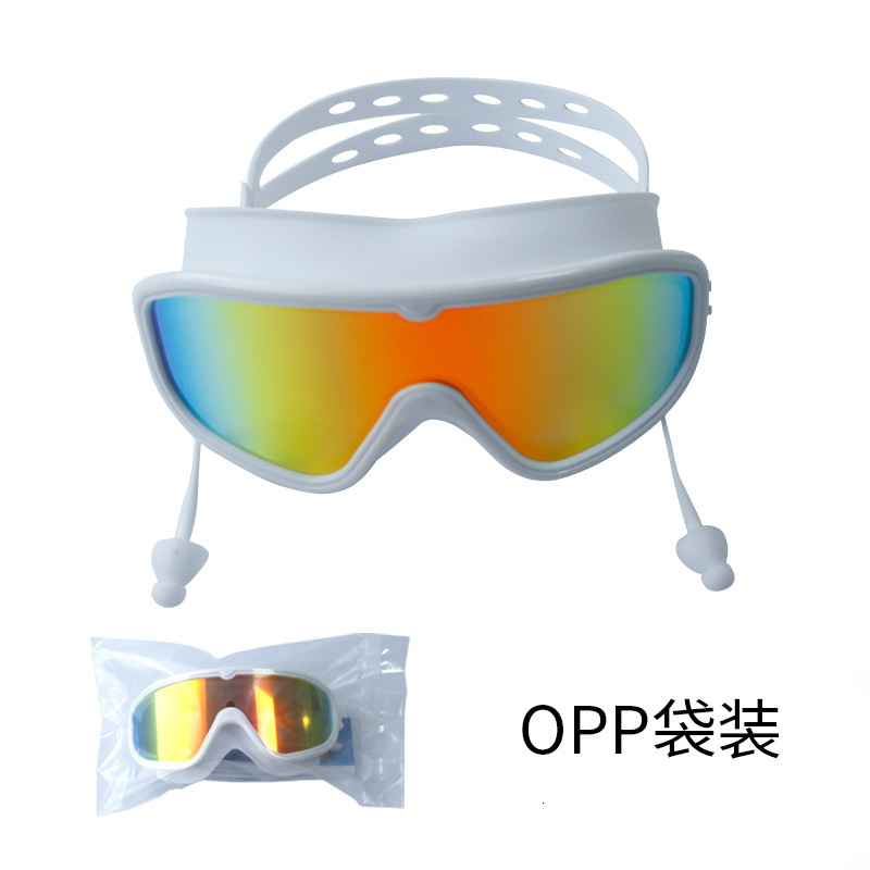 Large Frame Swim HD Waterproof Anti-Fog Unisex Swimming Glasses with Integrated Earplugs Silicone Colorful Diving Goggles