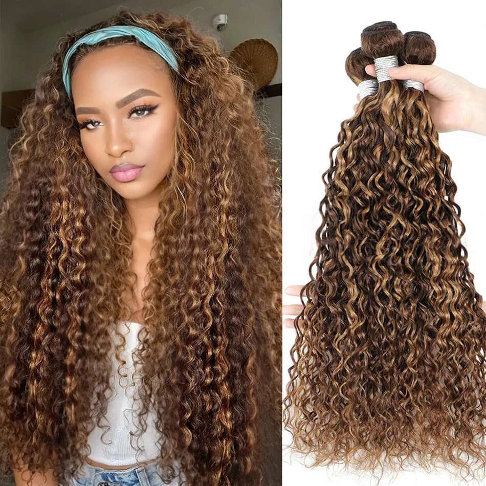 427 Highlight Human Bundles Honey Blonde With 13x4 Lace Closure Remy Hair Extention Brown Curly 18-36 Inch