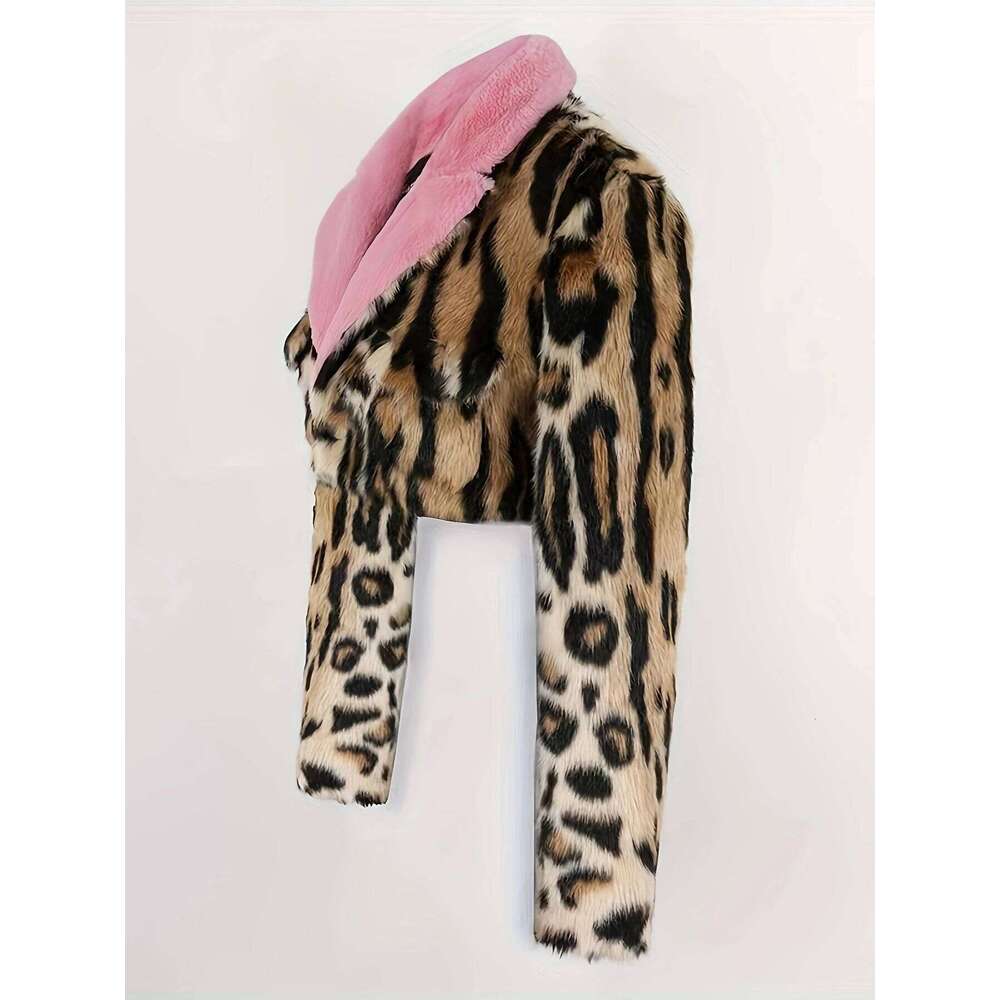 Women's Elegant Directional Faux Fur Leopard Print Coat - Autumn/Winter Wear, Fashionable Outerwear, Feel Fabric