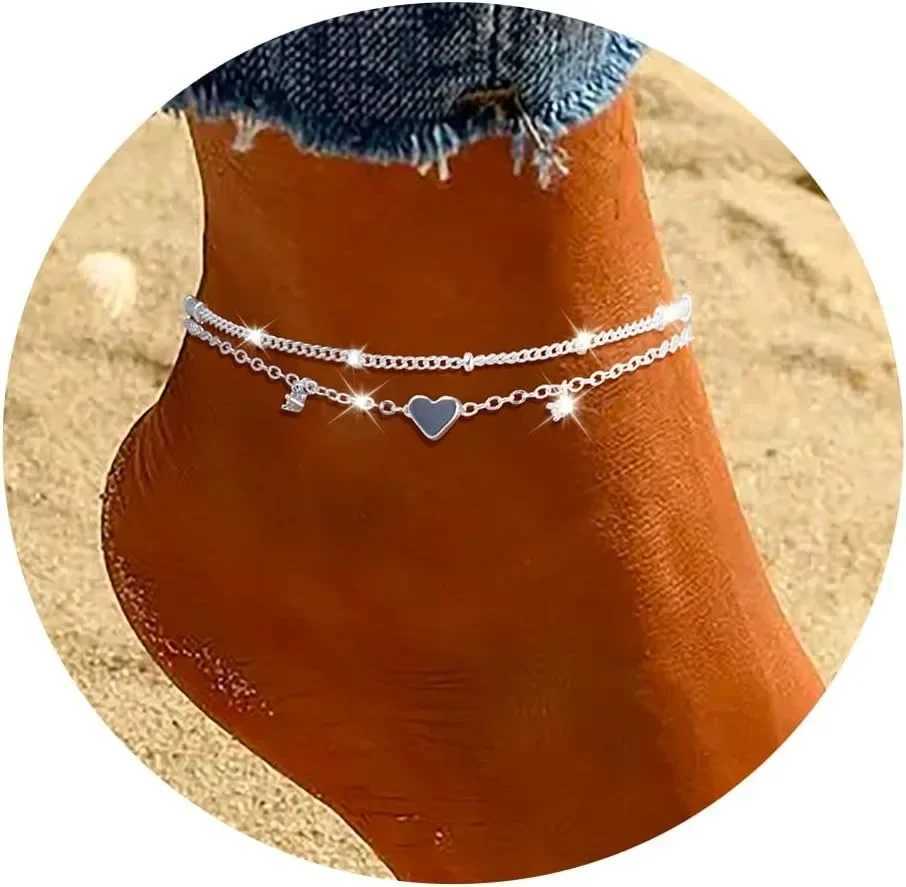 Anklet Bracelets for Women Waterproof 925 Silver Plated CZ Heart Layer Anklets for Women Anklet Gifts for Women Jewelry Gifts W250604