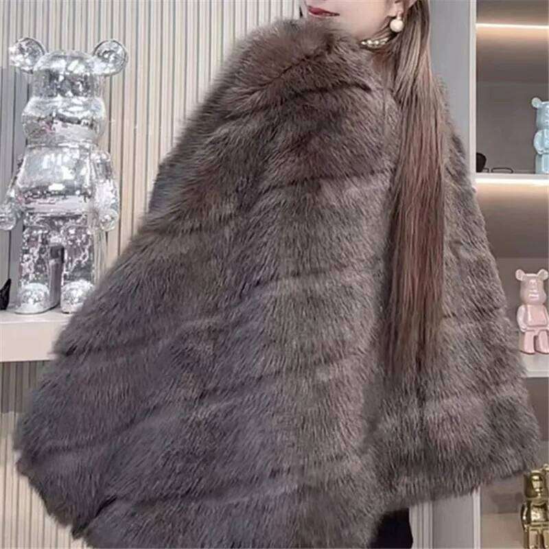 Faux Fur Coat For Women, Covered Button Jacket, Bat Sleeve Outerwear, England Style, Thick Furry, Autumn And Winter, New, 2024