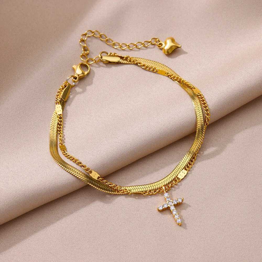 Zircon Cross Anklets For Women Gold Color Stainless Steel Cross Anklet Double Chain Summer Beach Party Jewelry Gift Accessories W250604