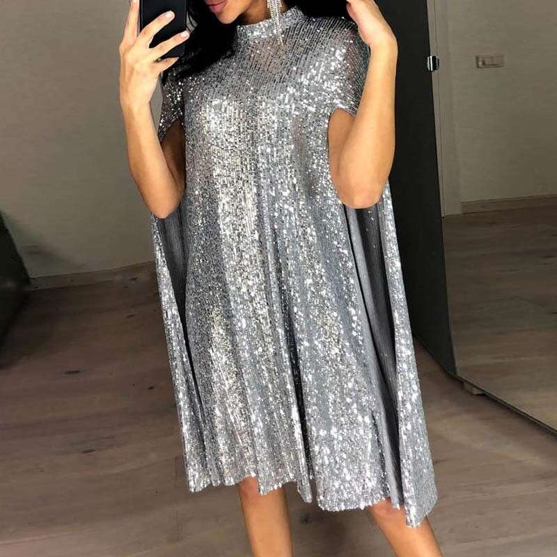 Spring New Style Small Stand Collar Sequin Dress Loose Women's Fashion B5