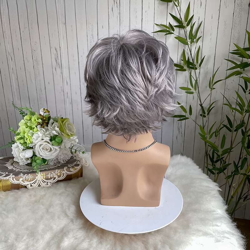 Fashion Men's Short Curly Hair Sier Gray Gradient Synthetic Fiber High-Temperature Wig Cap