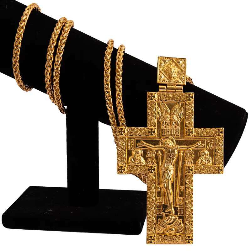ZD057 Luxury Orthodox Greek Design Alloy Carved Pectoral Cross Necklace for Priests Gift with Gold Silver Plating