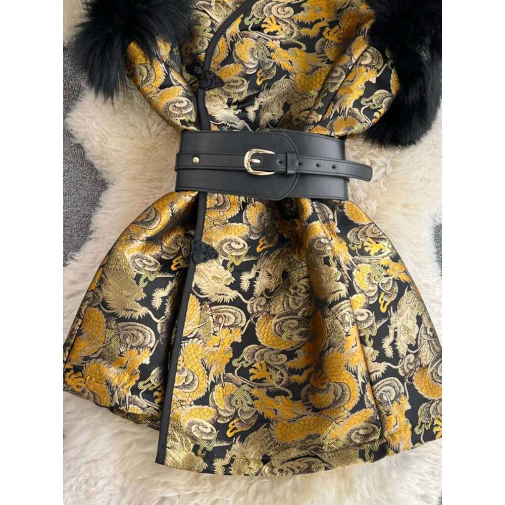 Autumn Dress 2025 Retro Chinese Style Elegant Women'S Dresses Faux Fur Splicing Vest Waist Slim Short A-Line Jacquard Vestidos