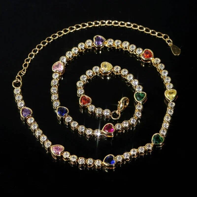 Gold Color Summer Colorful Jewlery Geometric Round Heart Shaped CZ Fashion Women Choker Tennis Necklace