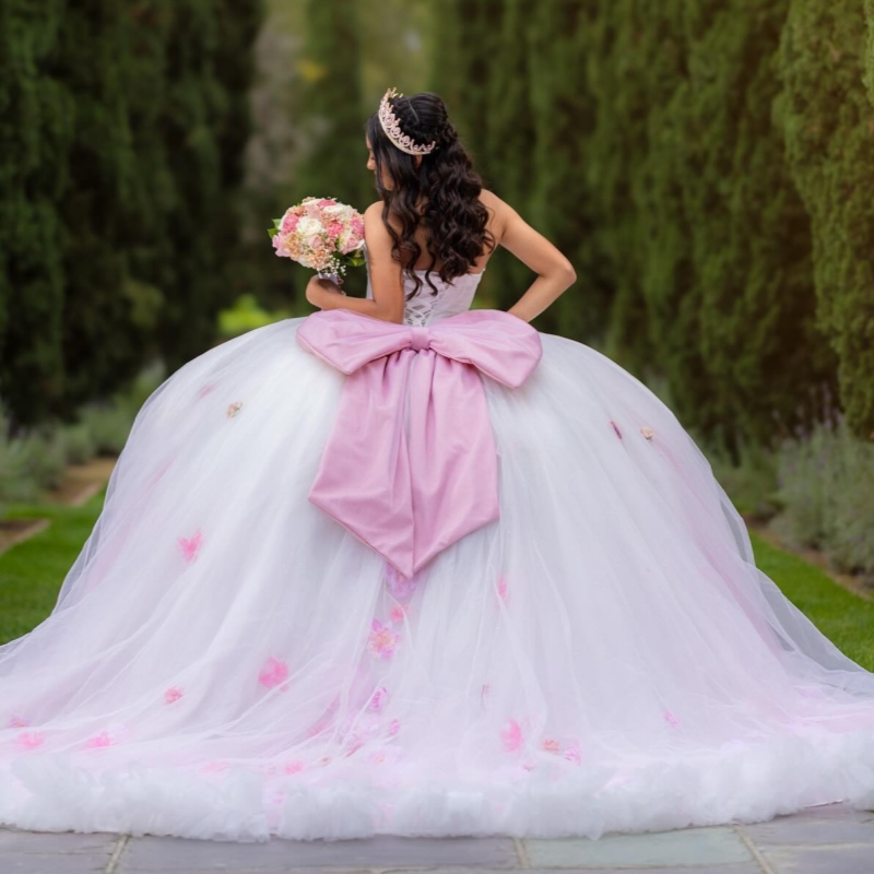 White Quinceanera Dresses Ball Gown Off The Shoulder Flower Beads Bow Tiered Tull Party Birthday Sweet 16 Dress Vestidos 15 De Anos