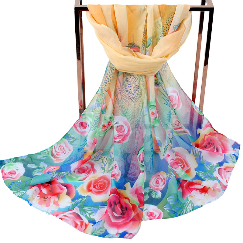 K925 Spring new peacock feather flower ladies chiffon scarf wholesale Yiwu printed small scarf 38 festival gifts