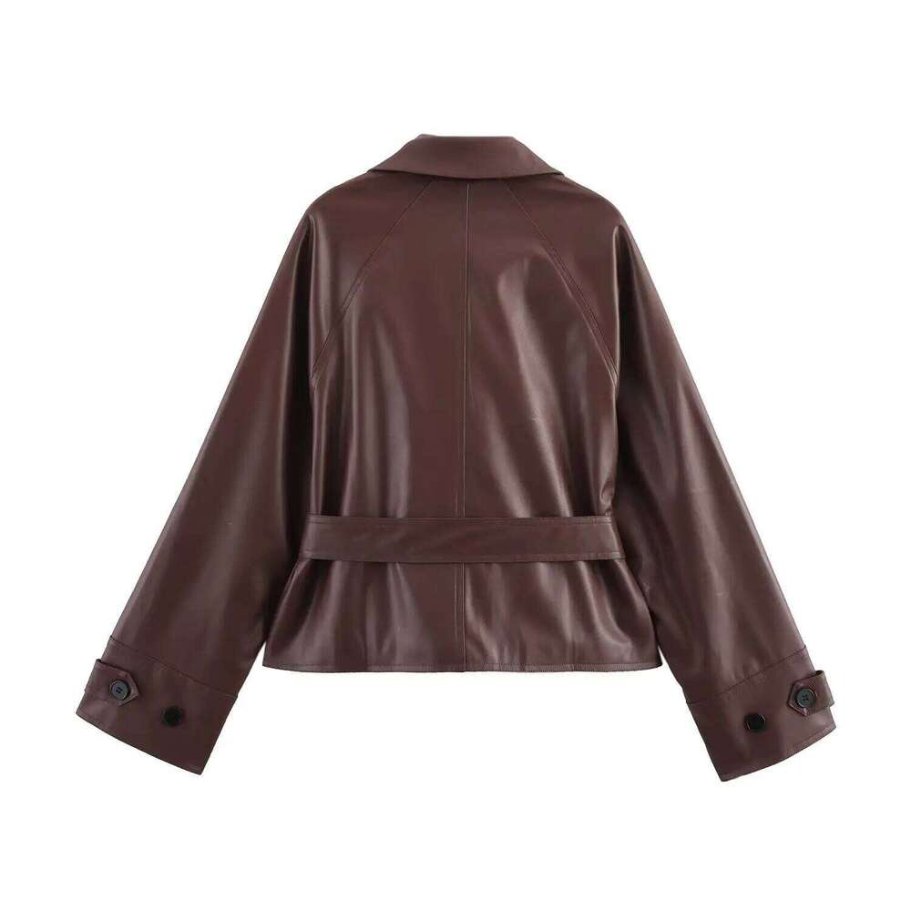 TRAFZA Women Stylish Imitation Leather Short Trench Coat With Belt 2025 New Spring Fall Fashion Commuter High Street Jacket