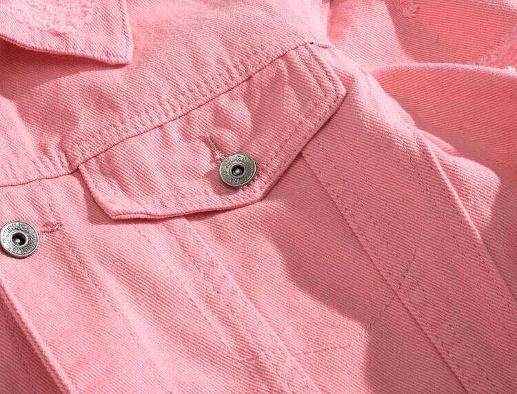 Pink Coats, New Spring and Autumn, Jena with Holes Distressed Denim Jackets for Men, Size 4XL