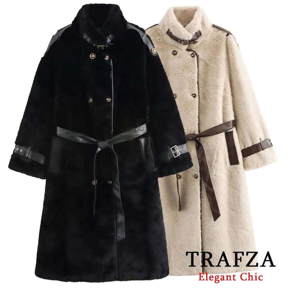 Women's Fall Winter Faux Long TRAFZA Vintage Motorcycle PU Leather Fur Belt Thick New 2024 Fashion Retro Warm Coat