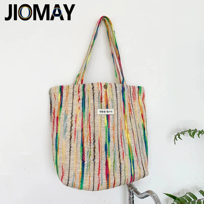 JIOMAY Handbags for Women 2024 er Beach Bag Casual with Buckle Cute Tote Bags Stripes Shopper Rainbow Canvas Shoulder Bag 250603