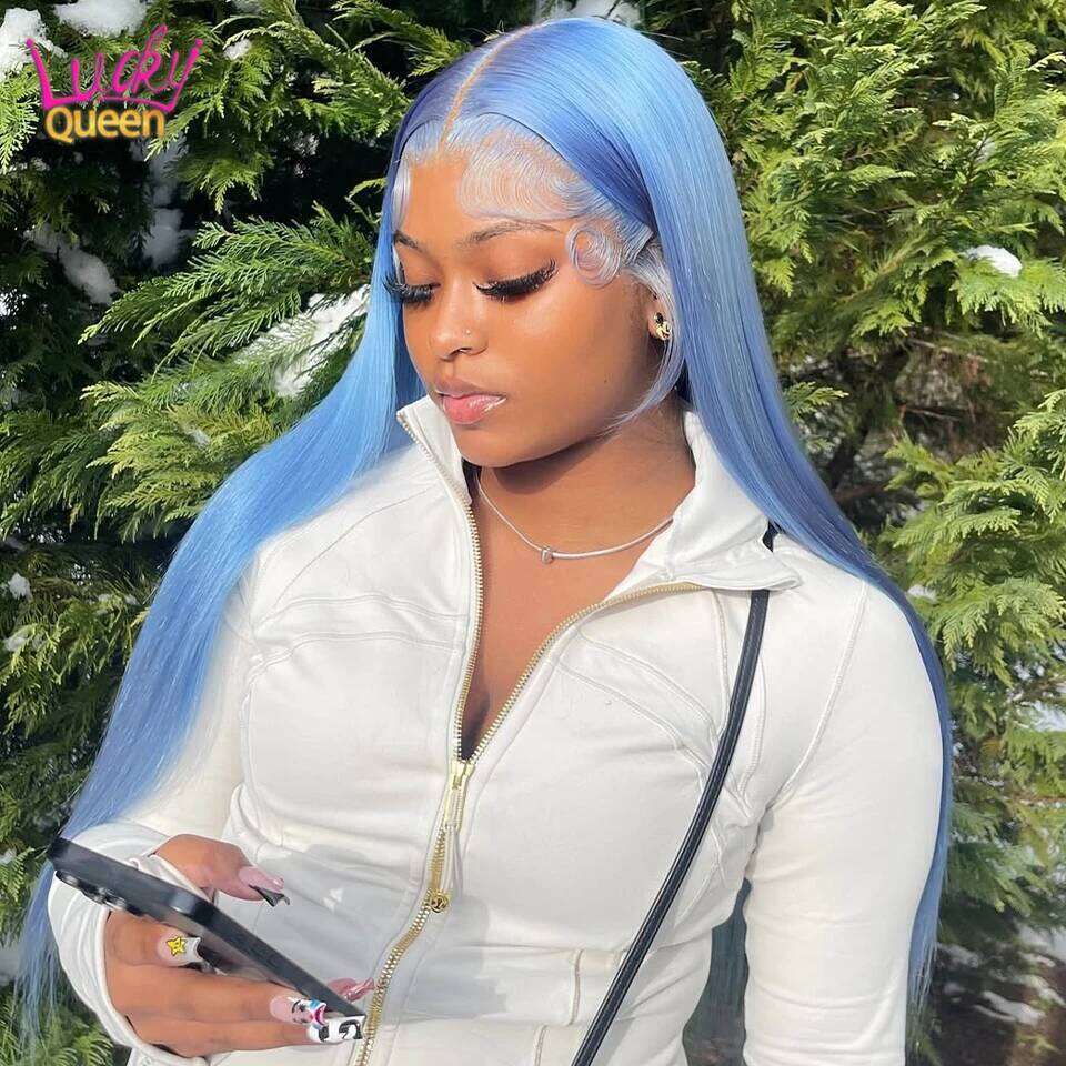 13X4 13x6 Haze Straight 613 Colorful Wigs 180 Density Transparent Lace Frontal Human Hair For Women Pre Plucked Light Blue