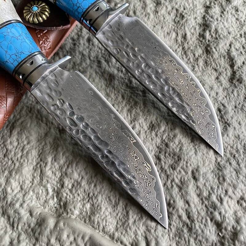 Household Damascus steel Sharp Blade Kitchen Deer Antlers + Turquoise Handle Fixed Knife Hand Tools Outdoor Camping