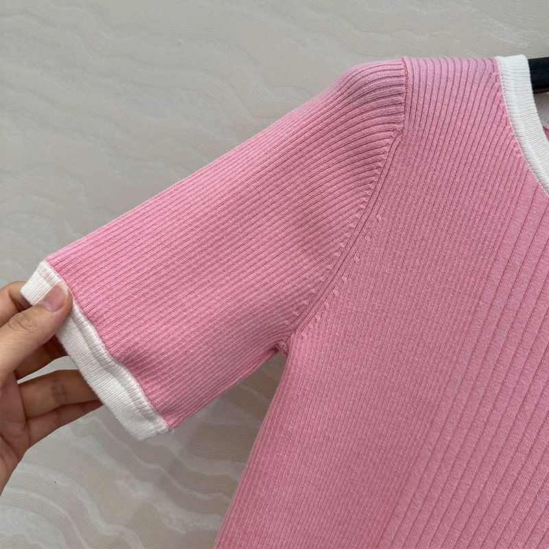 Summer Women's Color Block Fitted Knit Top Fashion Round Neck Jacquard Pure Cotton Short Sleeve Pink/Grey Designer Classic Retro Luxury Clothing