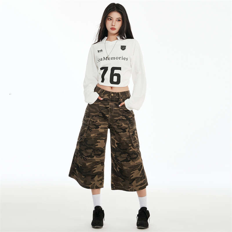 American Style Girl Camouflage Cropped Jeans For Women Spring Summer New High Waist Loose Slimming Sweet Spicy Mid Pants B5