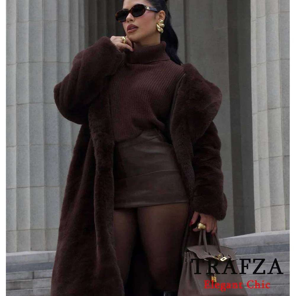 Women's Fall Winter Faux Fur Long TRAFZA Vintage Lapel Buttons Loose New 2024 Fashion Casual High Street Warm Coat