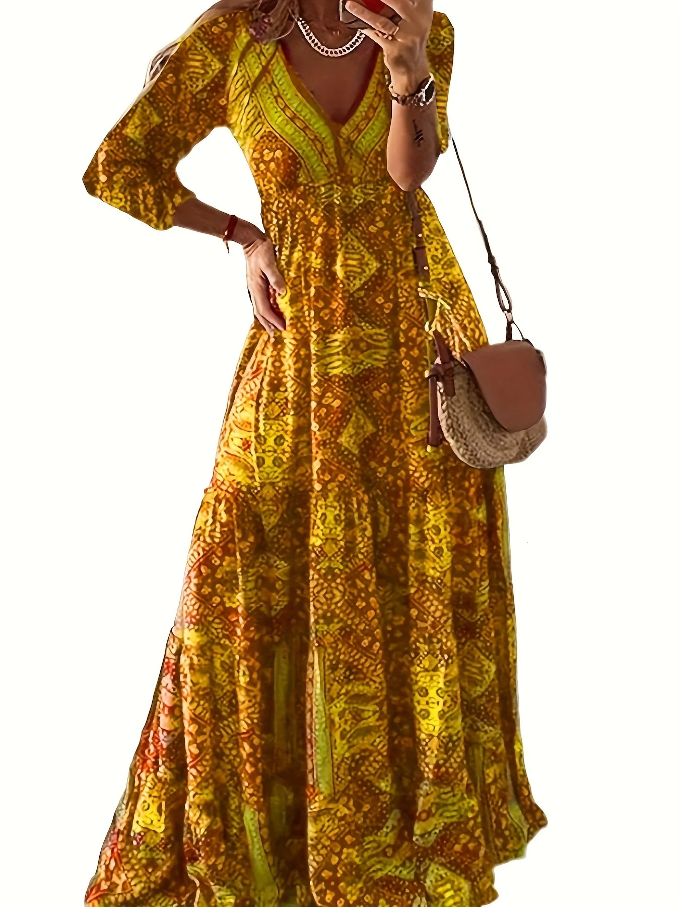 plussize European and American crossborder bohemian cropped sleeve highwaisted Vneck printed dress 250604