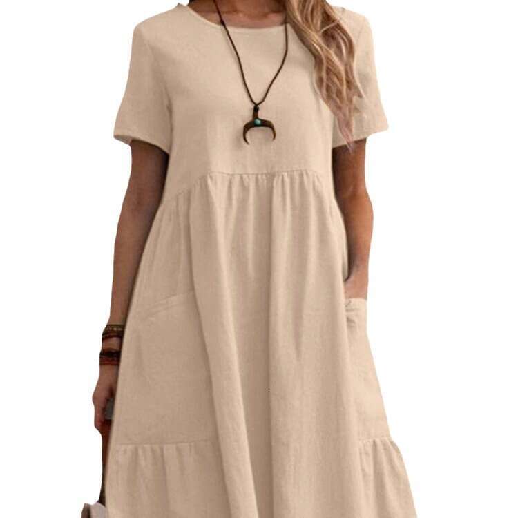 Summer TEMU Loose Pocket Solid Color Round Neck Women's Cotton Linen Dress B5