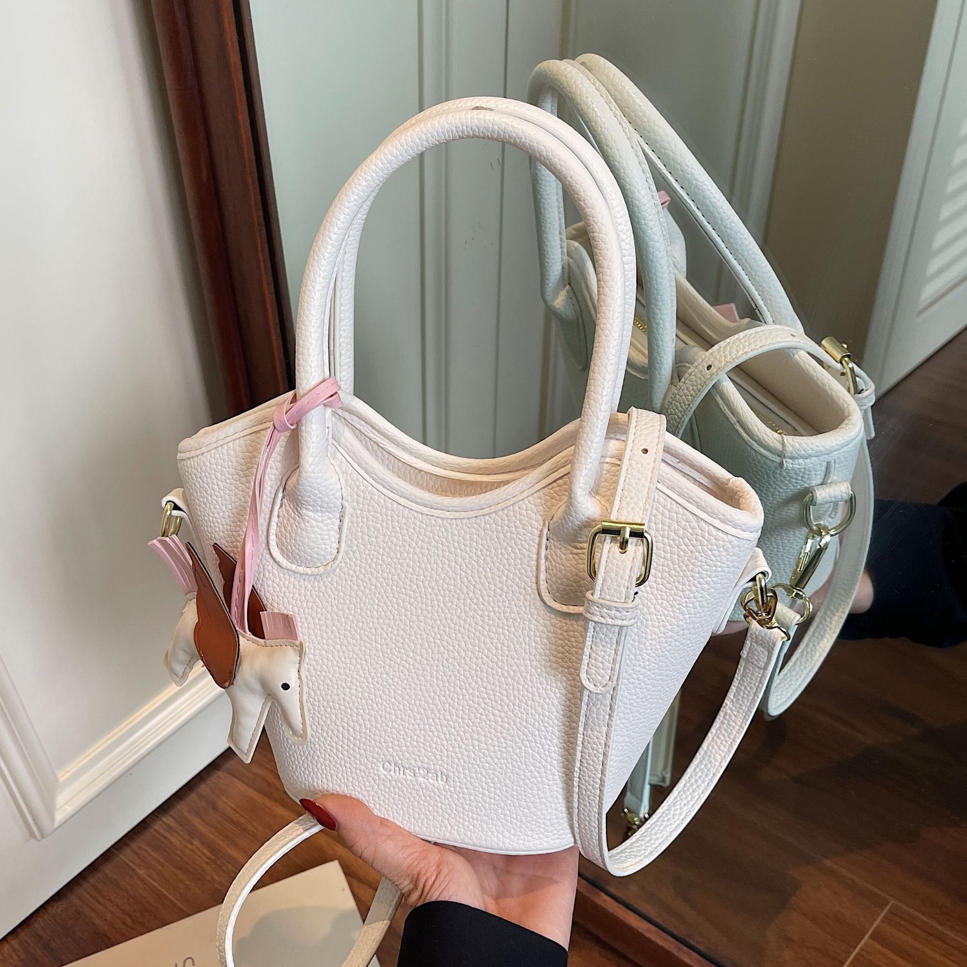 designer Handheld Lychee Texture High-End Bucket Bag for Women 2025 Summer New Korean Fashion Single Shoulder Bag Simple Small Bag