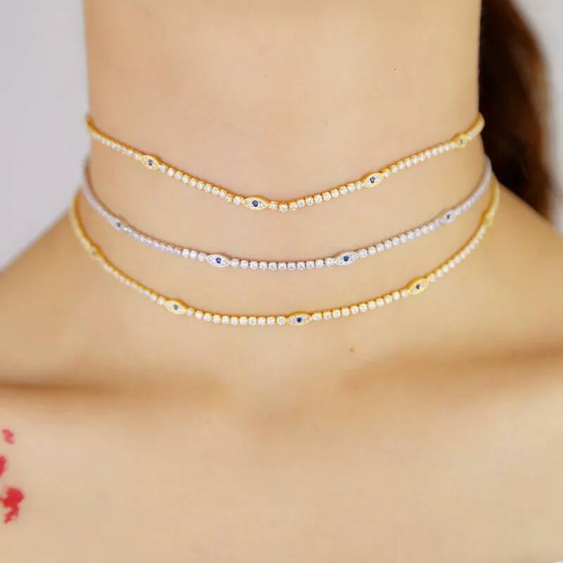2025 SUMMER NEW Minimal Delicate Clear CZ Lucky Turkish Evil Eye Charm Choker Collarbone Women Girl Tennis Chain Necklace