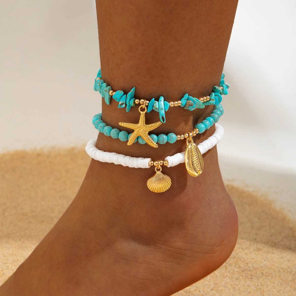 Tocona Bohemian Beach Shell Starfish Rice Beads Stretch Anklet Charm Anklet Set Holiday Multi-Layers Women Beach Jewelry W250604