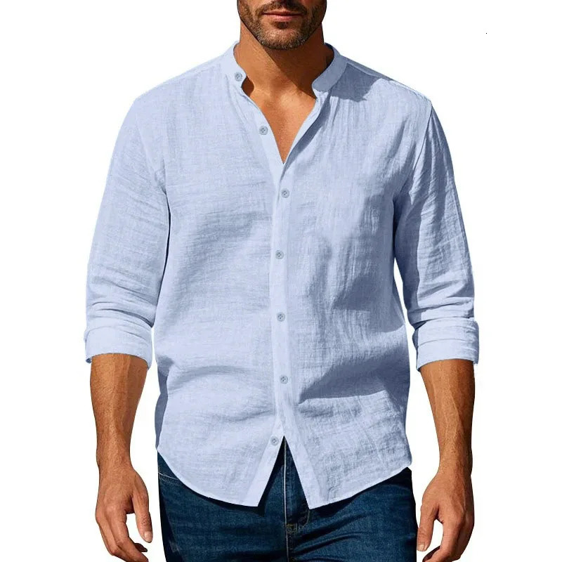 Cotton Linen Shirt for Men Henley Neck Solid Color Lightweight Breathable Slim Fit Single Breasted Shirt Long Sleeve Button Up 250604